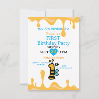 Cute Bee Honey Drips 1st Birthday Invite Adaptable