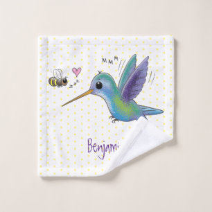 Cute bee hummingbird cartoon illustration bath towel set