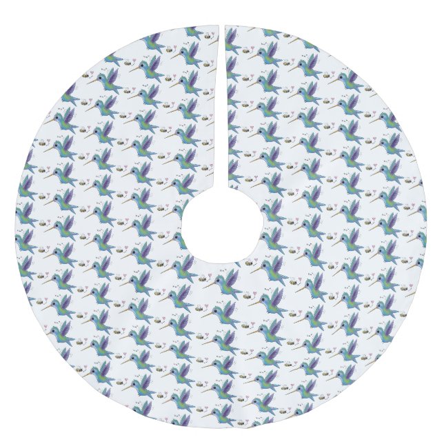 Cute bee hummingbird cartoon illustration brushed polyester tree skirt (Front)