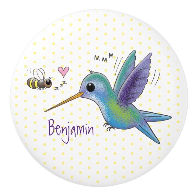Cute bee hummingbird cartoon illustration ceramic knob (Front)