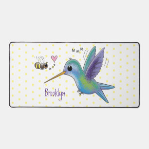 Cute bee hummingbird cartoon illustration desk mat