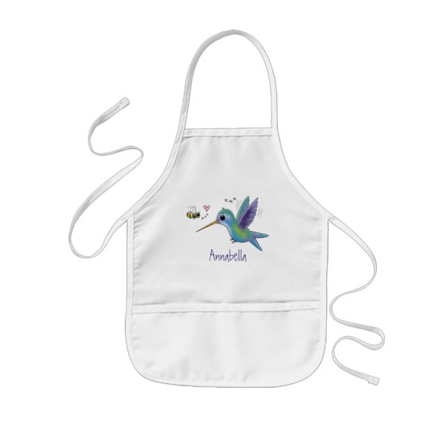 Cute bee hummingbird cartoon illustration kids apron (Front)