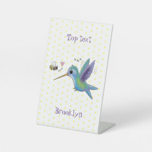 Cute bee hummingbird cartoon illustration pedestal sign