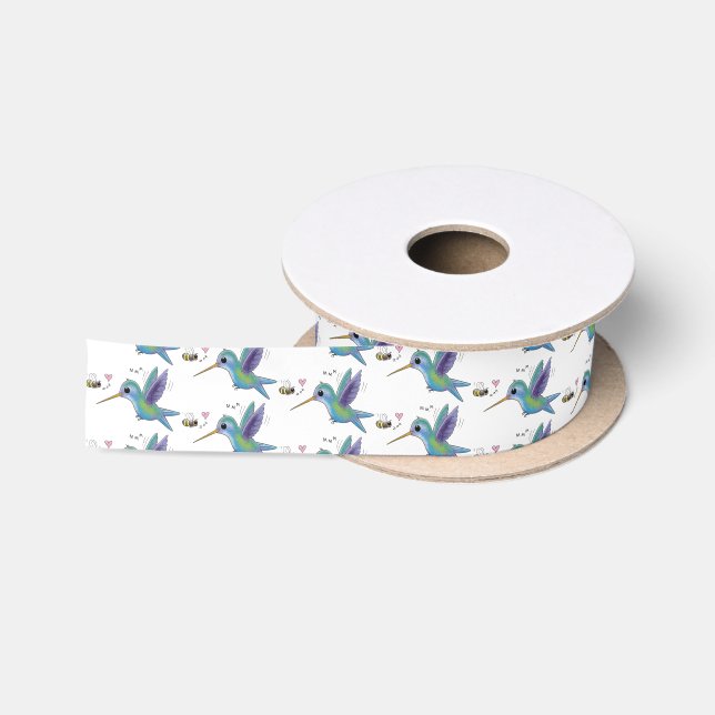 Cute bee hummingbird cartoon illustration satin ribbon (Spool)