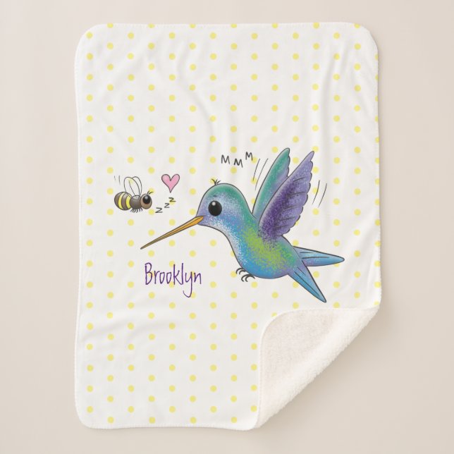 Cute bee hummingbird cartoon illustration sherpa blanket (Front)
