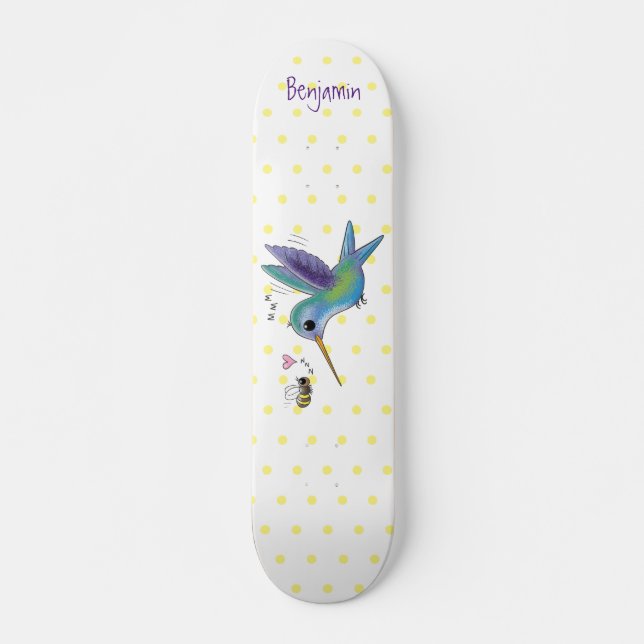 Cute bee hummingbird cartoon illustration skateboard (Front)