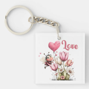 Cute Bee Love Heart Balloon Spring Flowers Keychain