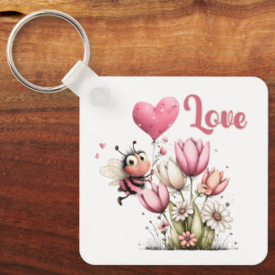 Cute Bee Love Heart Balloon Spring Flowers Keychain