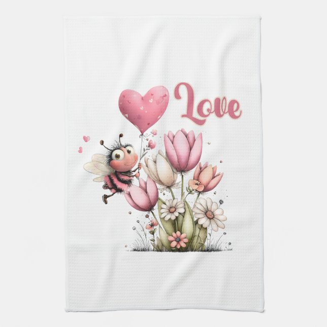 Cute Bee Love Heart Balloon Spring Flowers Kitchen Towel (Vertical)