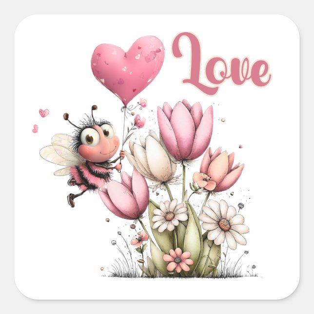 Cute Bee Love Heart Balloon Spring Flowers Square Sticker (Front)