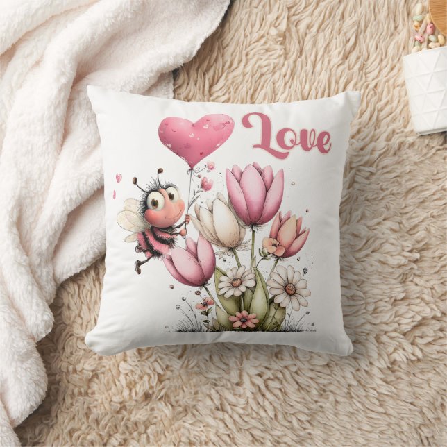 Cute Bee Love Heart Balloon Spring Flowers Throw Pillow (Blanket)
