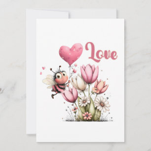 Cute Bee Love Heart & Floral  Holiday Card