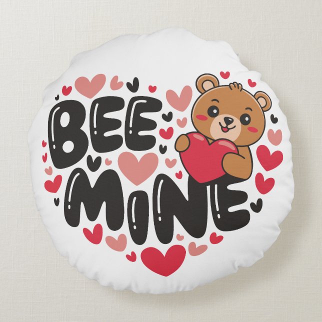 Cute Bee Mine Teddy Bear Valentine's Day Round Pillow (Back)