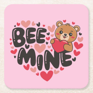 Cute Bee Mine Teddy Bear Valentine's Day Square Paper Coaster