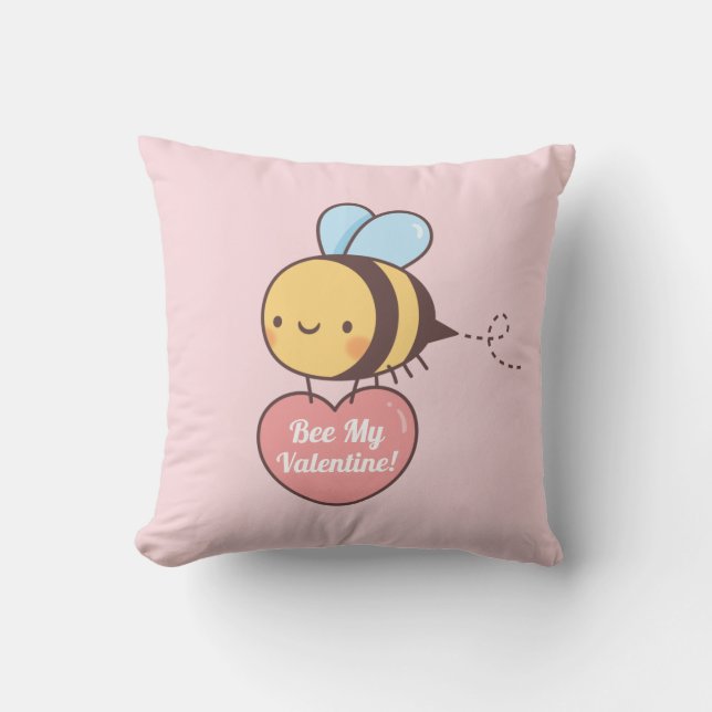 Cute Bee My Valentine Doodle Pink Throw Pillow (Front)