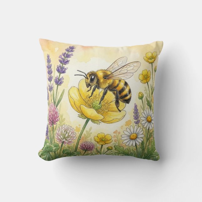 Cute Bee On A Flower Tiny Insects  Throw Pillow (Front)