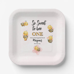 Cute Bee One Pink Black First Birthday Party Paper Plate