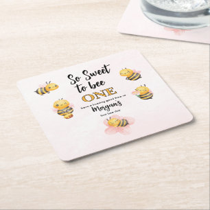 Cute Bee One Pink Black First Birthday Party Square Paper Coaster