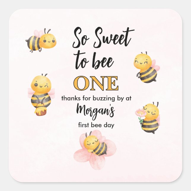 Cute Bee One Pink Black First Birthday Party Square Sticker (Front)