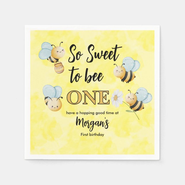 Cute Bee One Yellow Black First Birthday Party Napkin (Front)