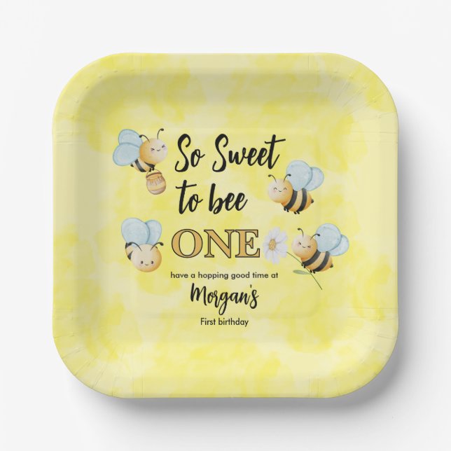 Cute Bee One Yellow Black First Birthday Party Paper Plate (Front)
