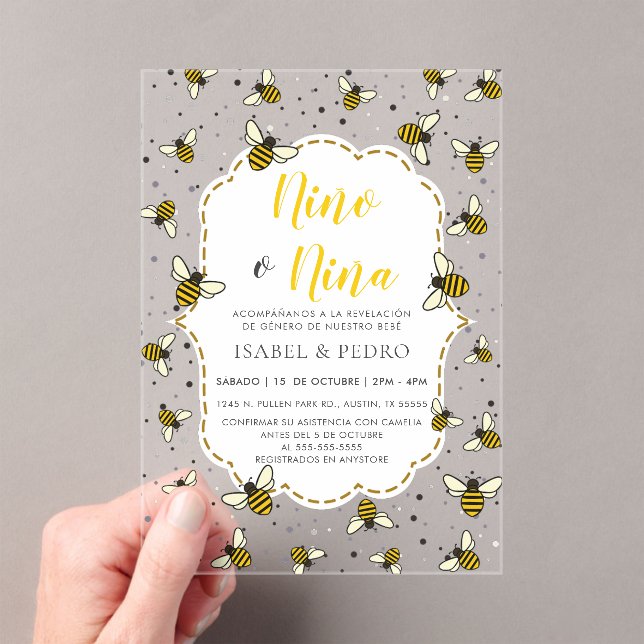 Cute Bee Pattern Spanish Gender Reveal Acrylic Invitations (Insitu (Handheld))
