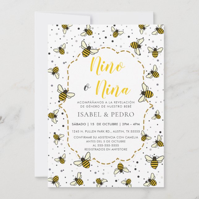 Cute Bee Pattern Spanish Gender Reveal Invitation (Front)