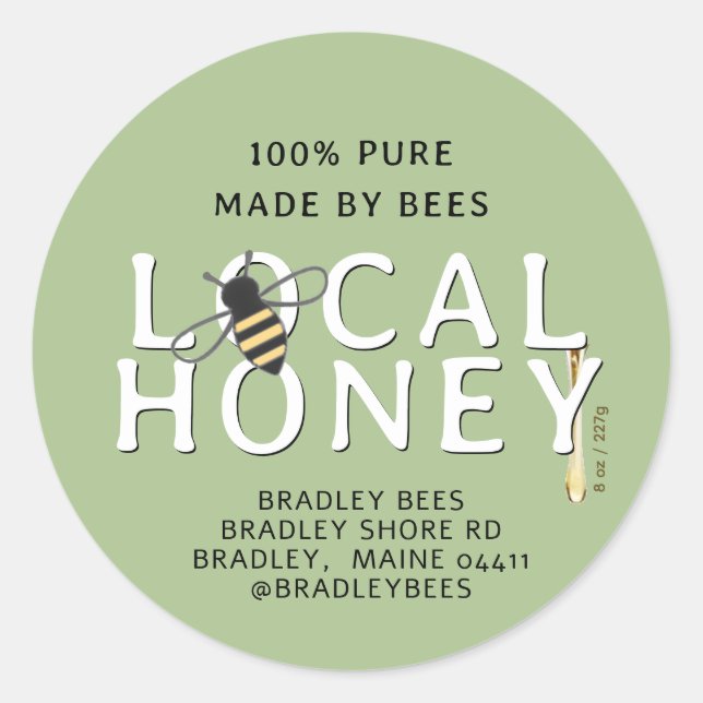 Cute Bee Stylish Green Lid Label with Honey Drip (Front)