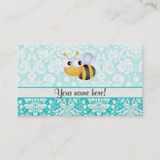 Cute Bee; Teal Damask Pattern Business Card