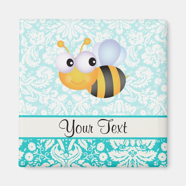 Cute Bee; Teal Damask Pattern Magnet (Front)