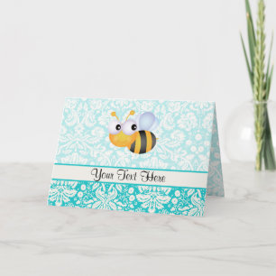 Cute Bee; Teal Damask Pattern Note Card