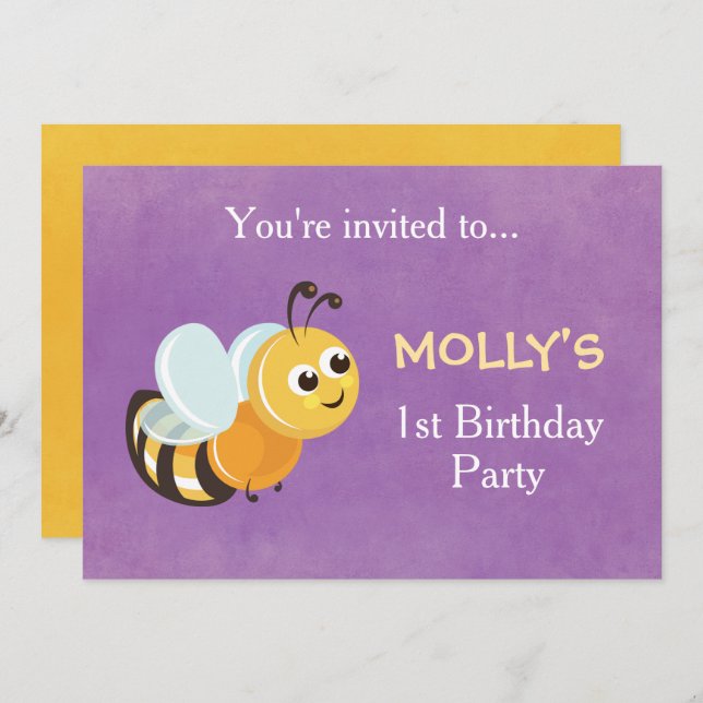 Cute Bee Thème 1er Anniversaire Carte d'invitation (Devant / Derrière)