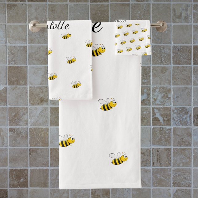 Cute bee white monogram name script  bath towel set (Creator Uploaded)