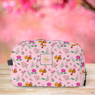 Cute bee & wildflowers pattern Monogram Name pink Dopp Kit