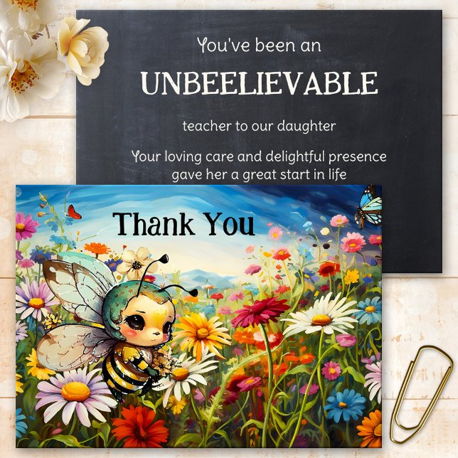 Cute Bee Wildflowers Teacher Appreciation Thank You Card (A lovely colorful card showing a cute bee in a wildflower field. On the back is a chalkboard image)