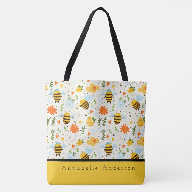 Cute Bee With Blue Hats Personalize Tote Bag (Front)