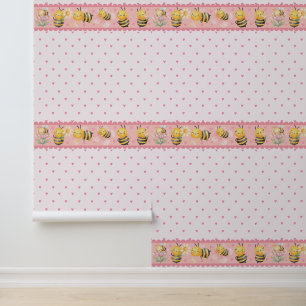 Cute Bee With Heart Pattern Pink Nursery Decor Wallpaper