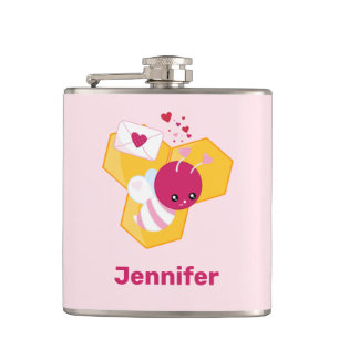 Cute Bee with Pink Valentine Hearts Hip Flask