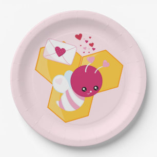 Cute Bee with Pink Valentine Hearts Paper Plate