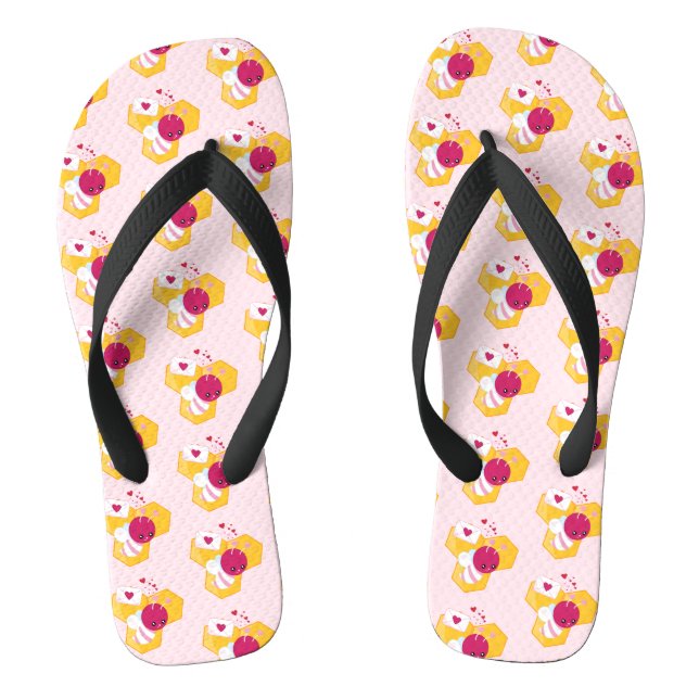 Cute Bee with Pink Valentine Hearts Pattern Flip Flops (Footbed)