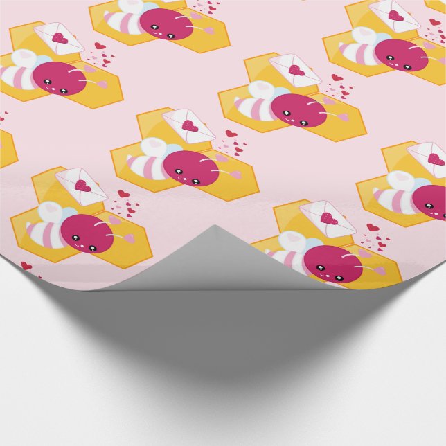 Cute Bee with Pink Valentine Hearts Pattern Wrapping Paper (Corner)