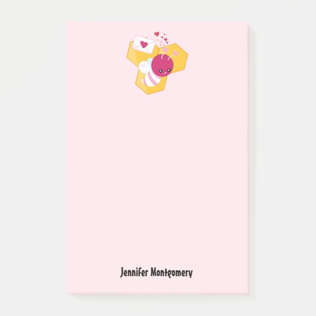 Cute Bee with Pink Valentine Hearts Post-it Notes (Front)