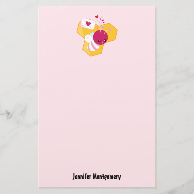 Cute Bee with Pink Valentine Hearts Stationery (Front)