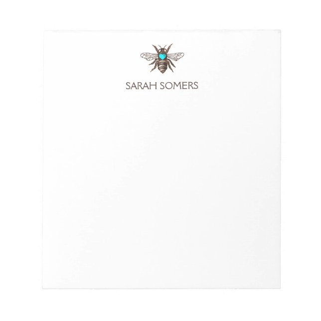 Cute Bee with Turquoise Heart Nature Personalized Notepad (Front)