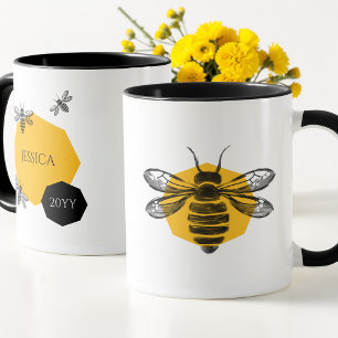Cute Bee Yellow Honeycomb Name Year Mug for Friend