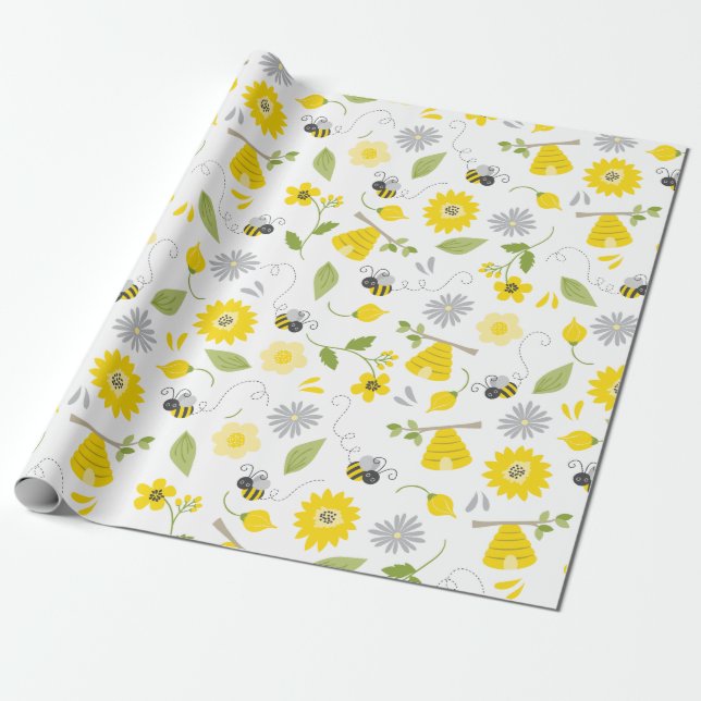 Cute Bees and Beehives Wrapping Paper (Unrolled)