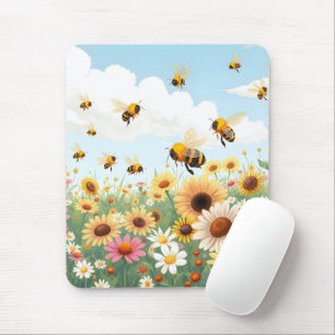 Cute bees and flowers illustration mouse pad