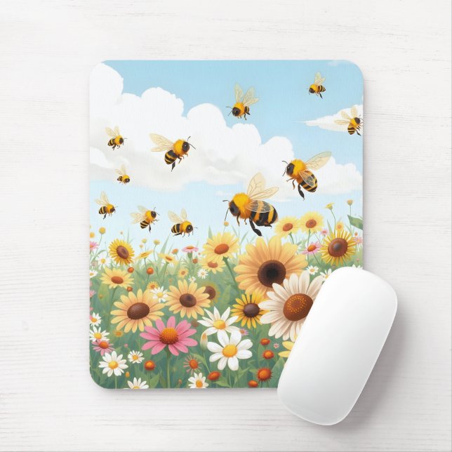 Cute bees and flowers illustration mouse pad (With Mouse)