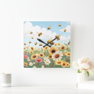 Cute bees and flowers illustration square wall clock