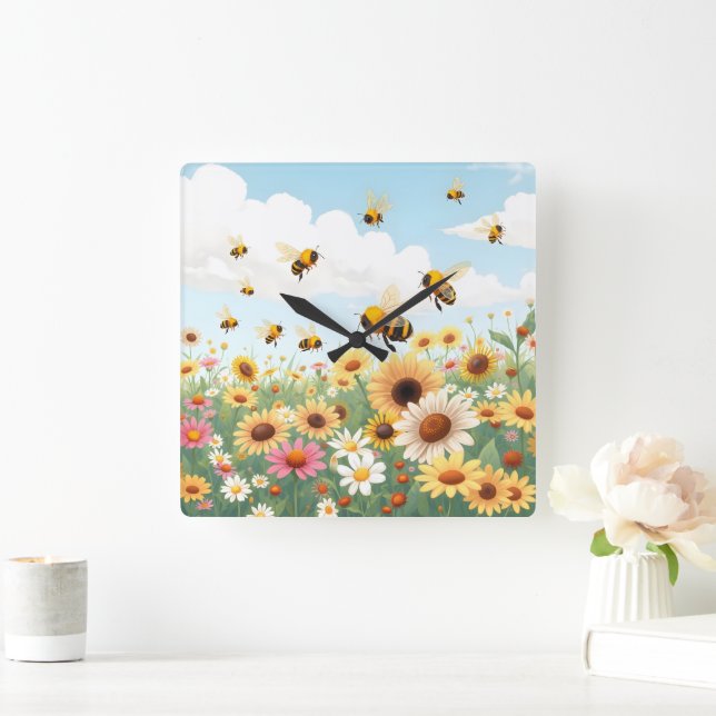 Cute bees and flowers illustration square wall clock (Home)